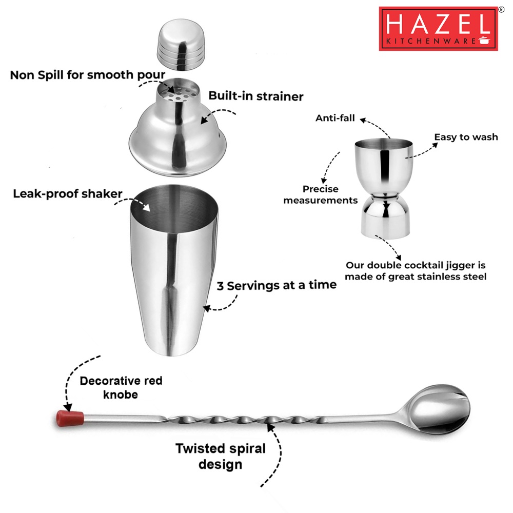 HAZEL Round Peg Cup, Cocktail Shaker, Bar Spoon With Red Knob, Set Of 3