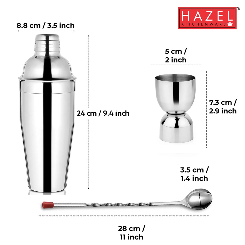 HAZEL Round Peg Cup, Cocktail Shaker, Bar Spoon With Red Knob, Set Of 3