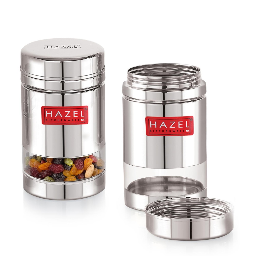 HAZEL Stainless Steel See Through Transparent Container | Kitchen Air Tight Storage Dabba Containers Set of 2, 600 ML