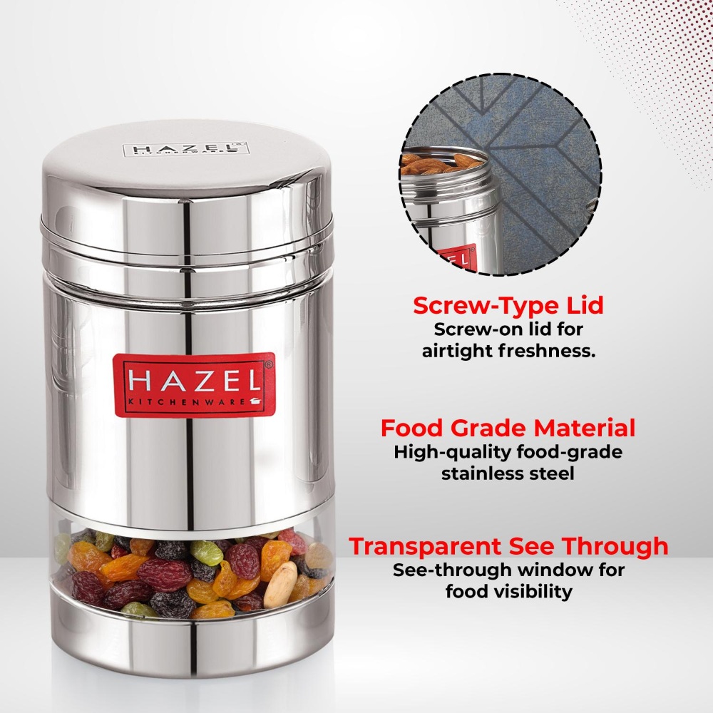 HAZEL Stainless Steel See Through Transparent Container | Kitchen Air Tight Storage Dabba Containers Set of 2, 600 ML