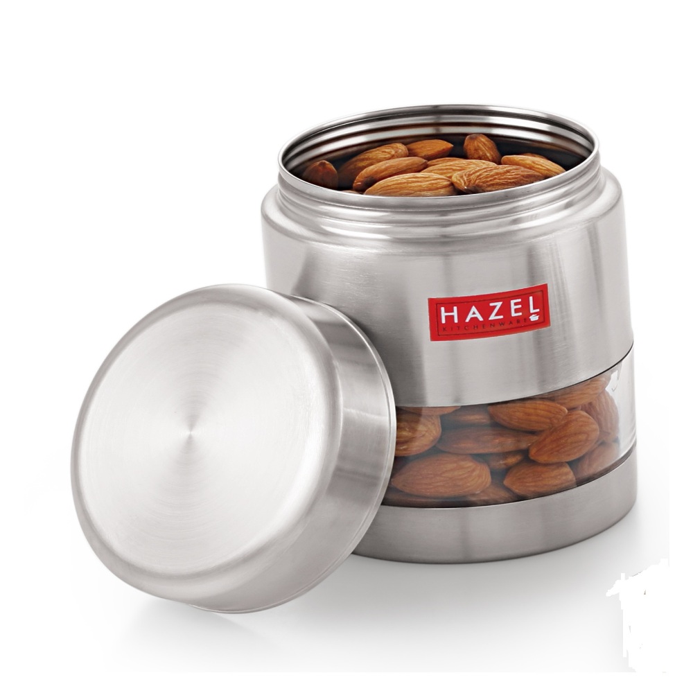 HAZEL Stainless Steel Transparent Matt Finish See Through Container, Silver, 500 ML