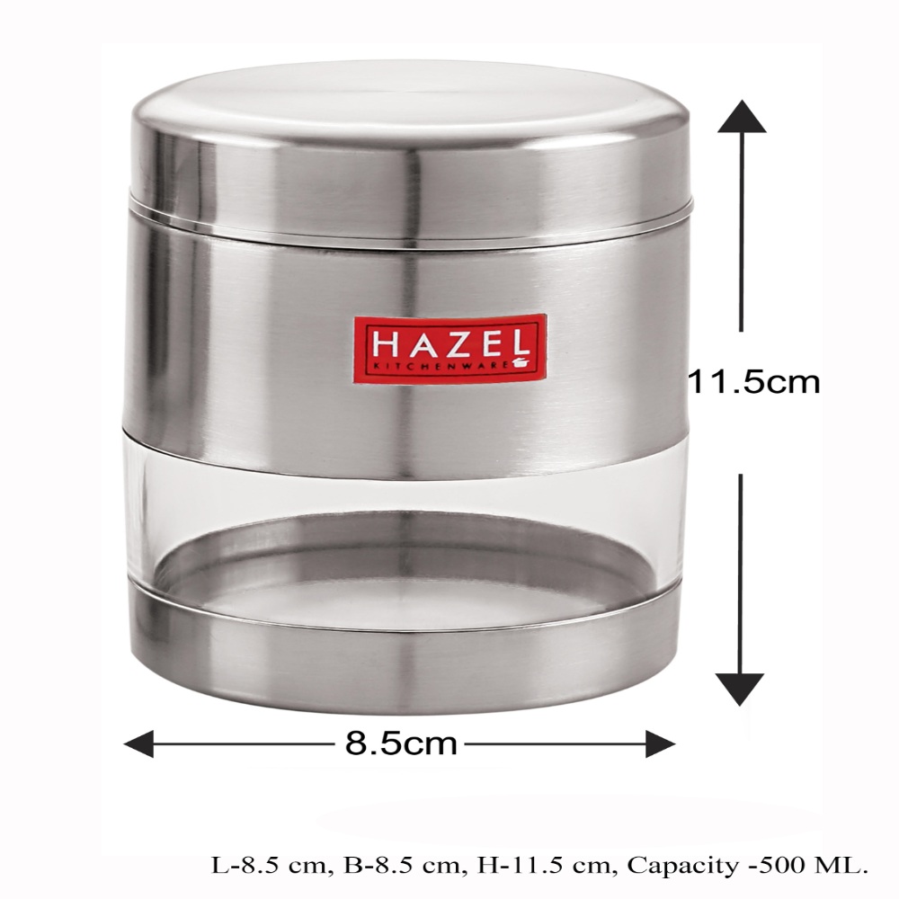 HAZEL Stainless Steel Transparent Matt Finish See Through Container, Silver, 500 ML