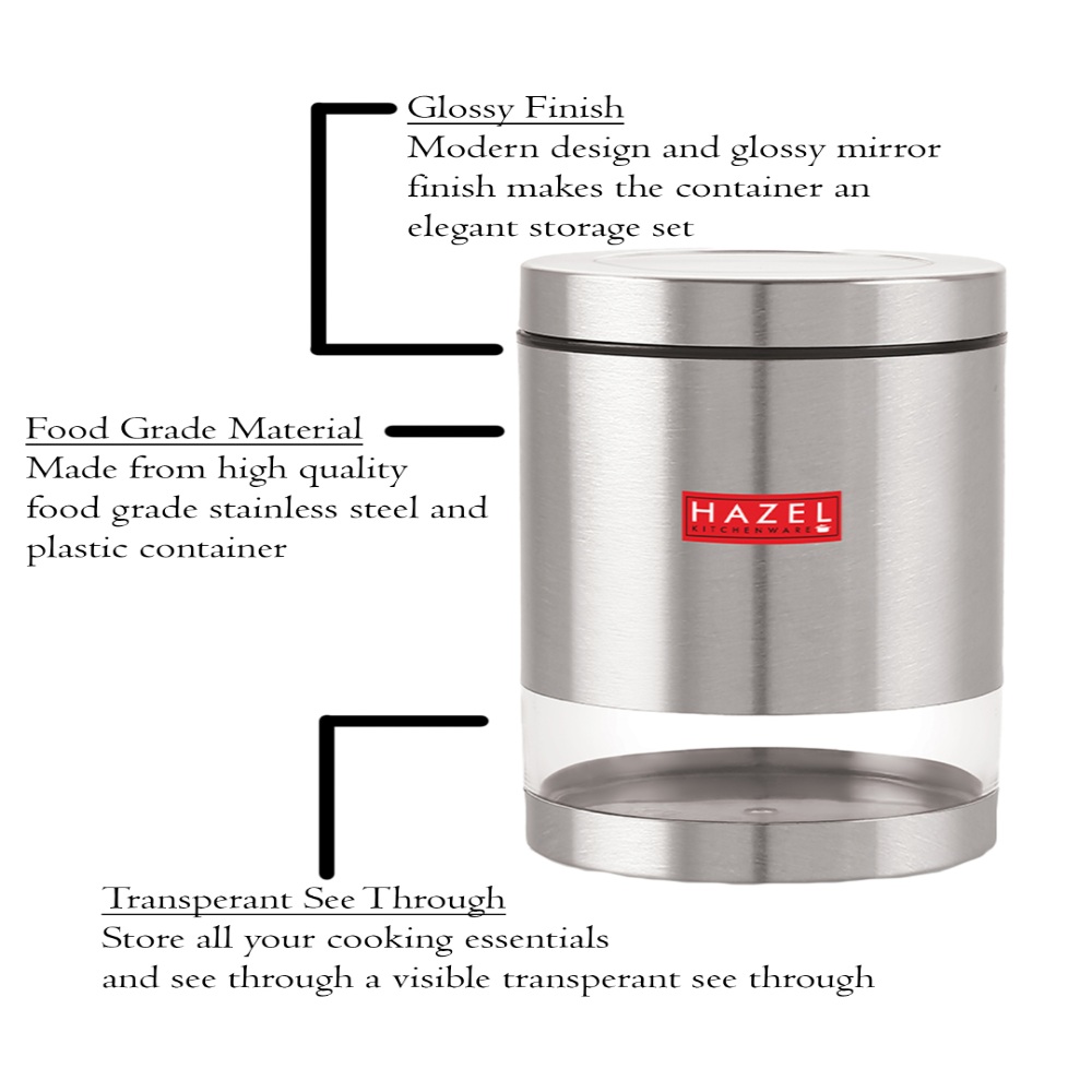 HAZEL Stainless Steel Container For Kitchen Storage Transparent See Through Matt Finish Storage Jar Dabba, Set of 1, 1300 ML, Silver
