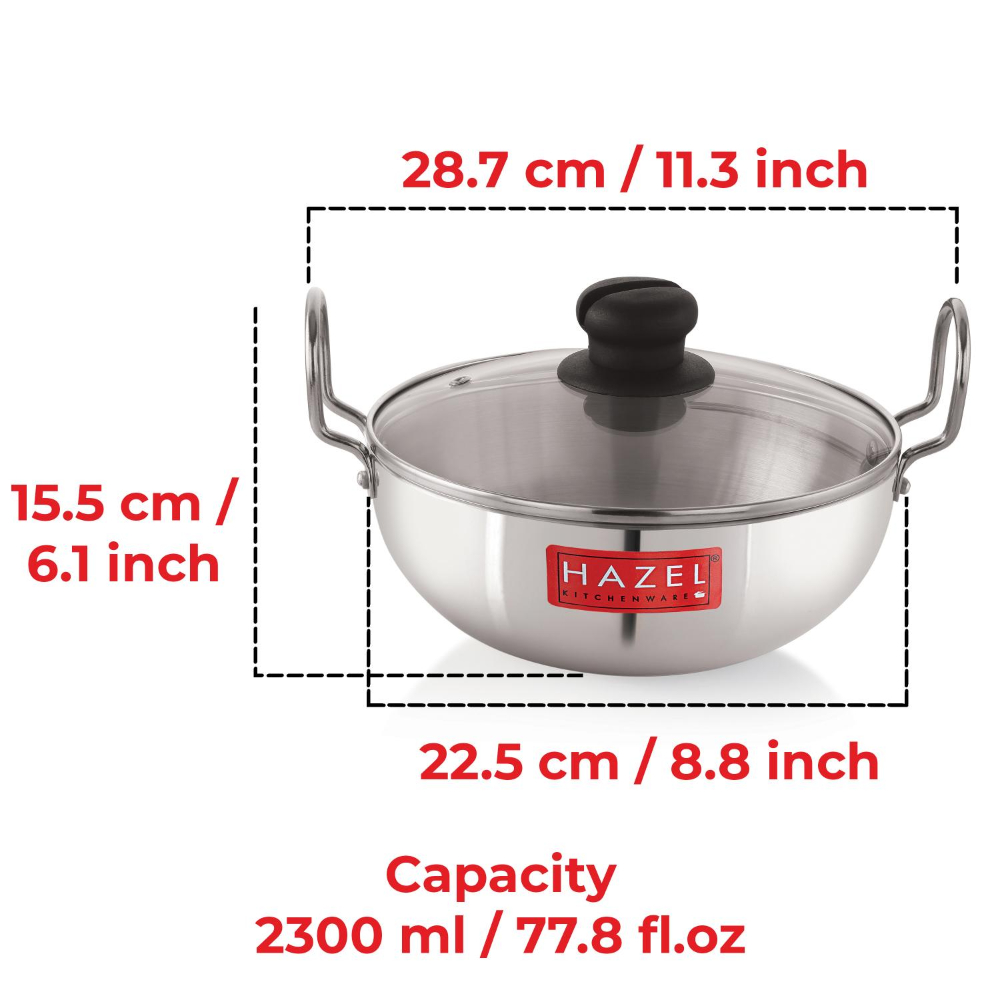 HAZEL 4 mm Aluminium Kadhai Kadai with Glass Lid | Vessels for Cooking Deep Frying Kadai, 2300 ML