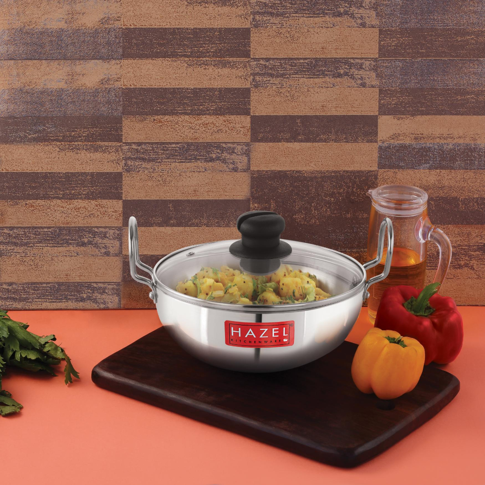 HAZEL 4 mm Aluminium Kadhai Kadai with Glass Lid | Vessels for Cooking Deep Frying Kadai, 2300 ML