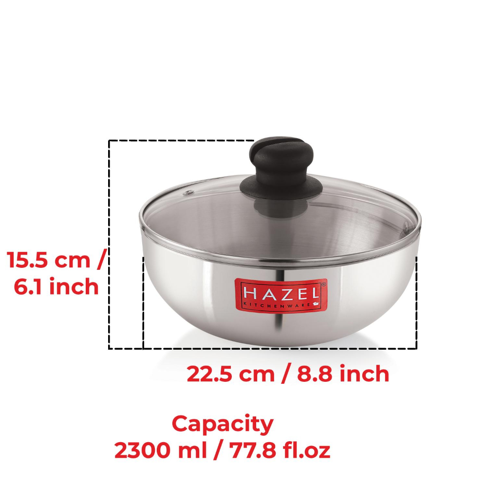 HAZEL Aluminium Kadai Without Handle | Aluminium Tasra Tasla Cookware with Glass Cover Lid, 2300 ML