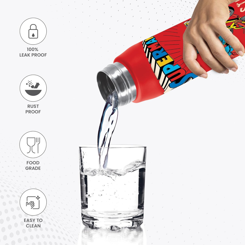MILTON Handy Design 850 Stainless Steel Single walled Leak Proof Water Bottle, 780 ML, Red (Super Heroes - Superman)