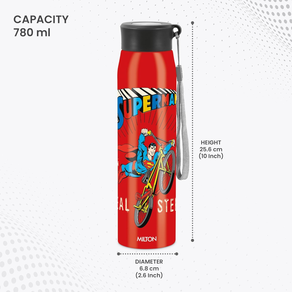 MILTON Handy Design 850 Stainless Steel Single walled Leak Proof Water Bottle, 780 ML, Red (Super Heroes - Superman)