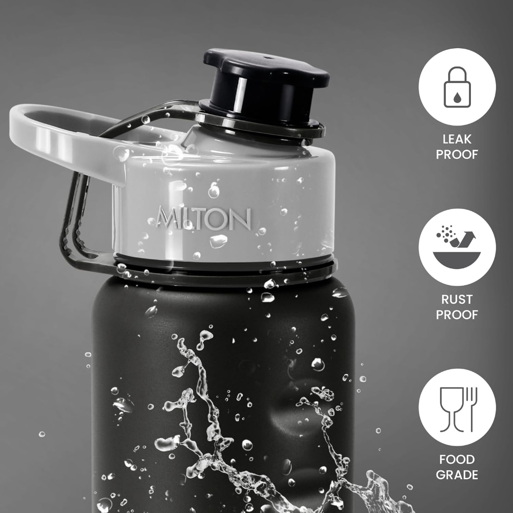 MILTON Gripper 1000 Stainless Steel Easy Grip Leak Proof Water Bottle, 920 ml, Black