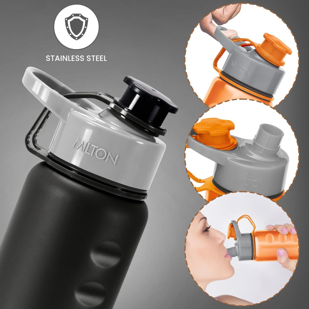 MILTON Gripper 1000 Stainless Steel Easy Grip Leak Proof Water Bottle, 920 ml, Black