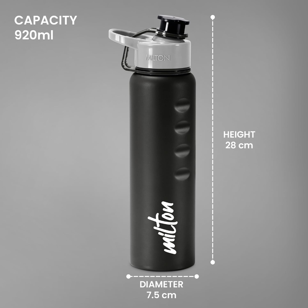 MILTON Gripper 1000 Stainless Steel Easy Grip Leak Proof Water Bottle, 920 ml, Black