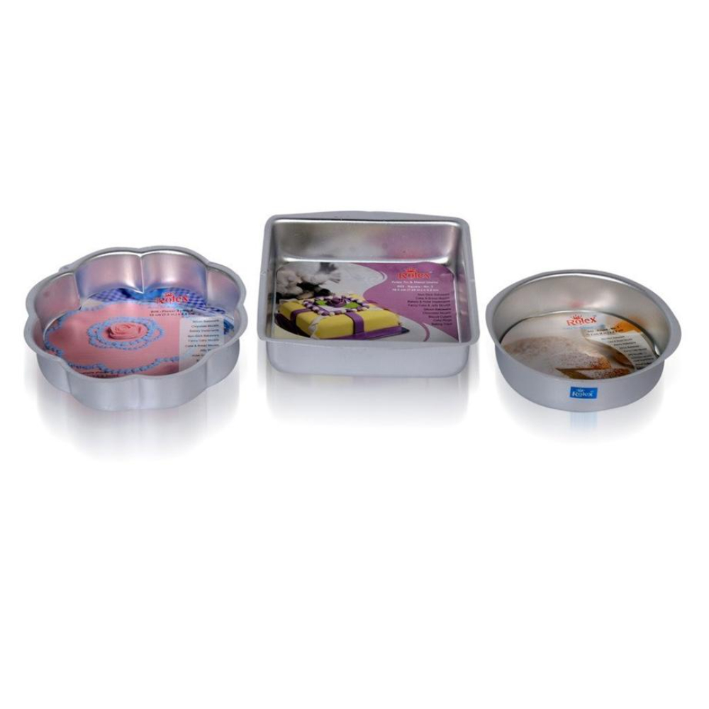Rolex Cake Mould Combo Square 8\'\', Flower 7.5\', Round 6.5 , Aluminium, Silver, Set of 3