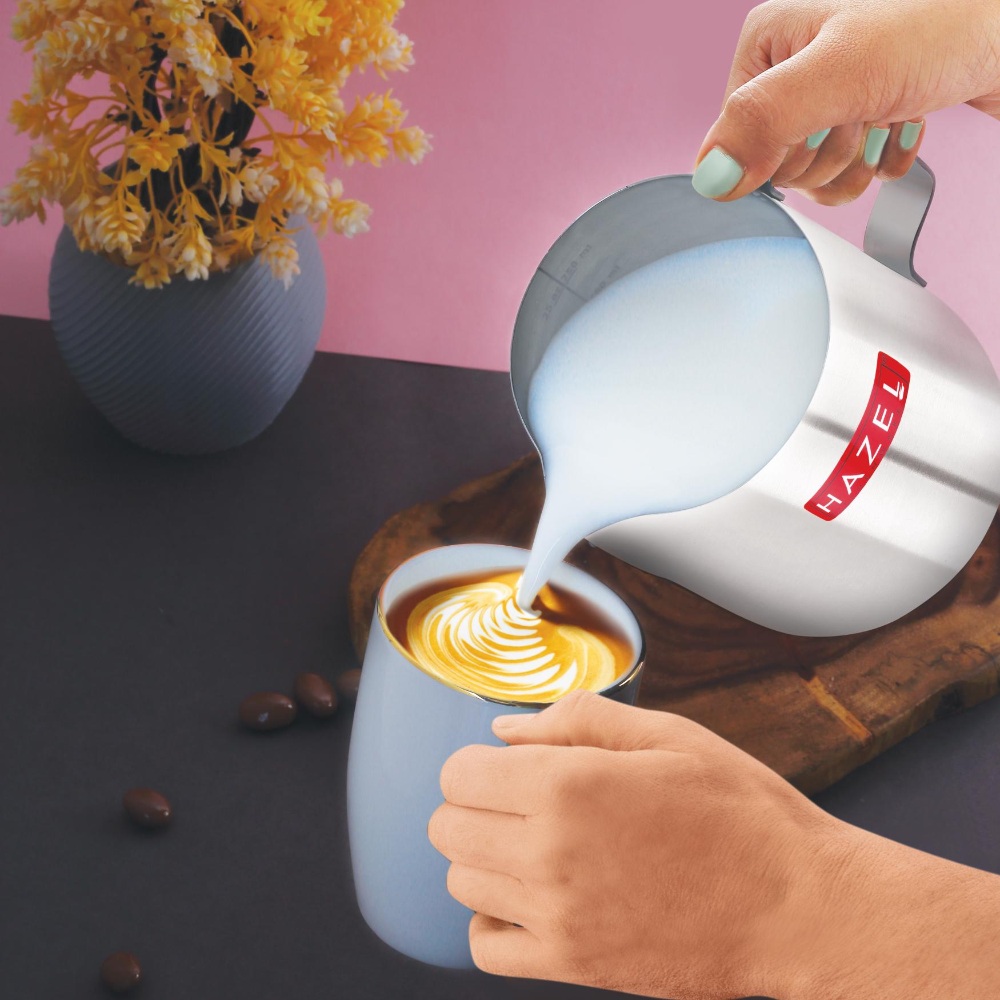 HAZEL Stainless Steel Tea Coffee Milk Frothing Pitcher Serving Pot with Handle Spill Proof Pouring, 800 ML
