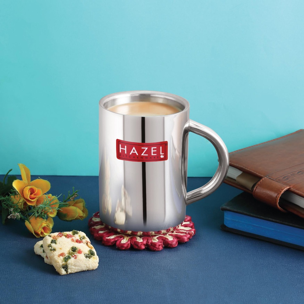 HAZEL Stainless Steel Double Wall Tea coffee Milk Serving Jug Mug with Handle Spill Proof Pouring, 420 ML