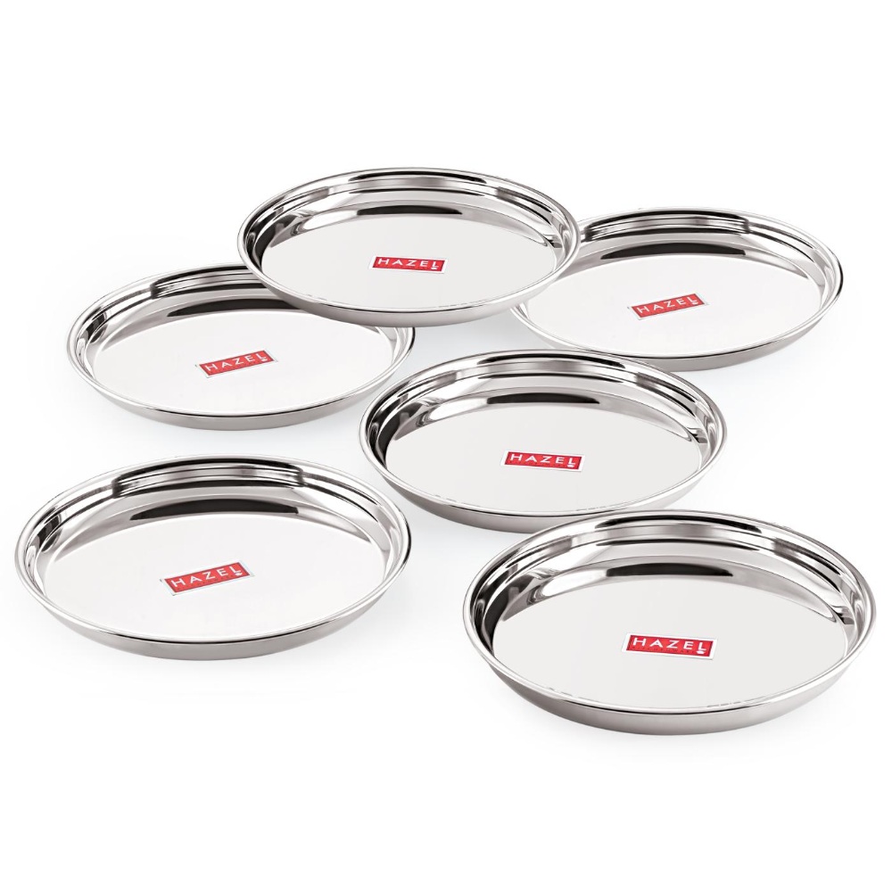 HAZEL Stainless Steel Dinner Lunch Plate Bhojan Thali, Dia 26.5 cm, Small, 6 pcs Set