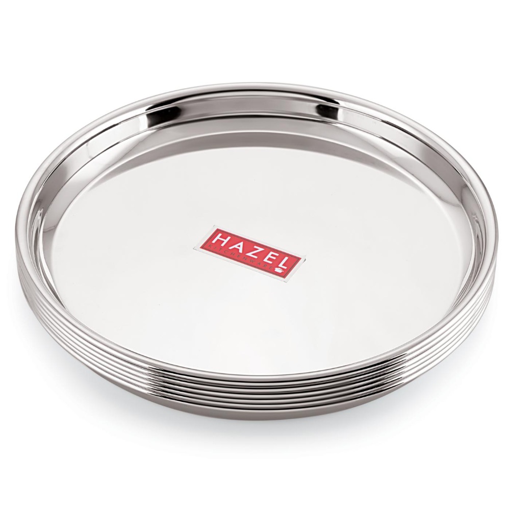 HAZEL Stainless Steel Dinner Lunch Plate Bhojan Thali, Dia 26.5 cm, Small, 6 pcs Set