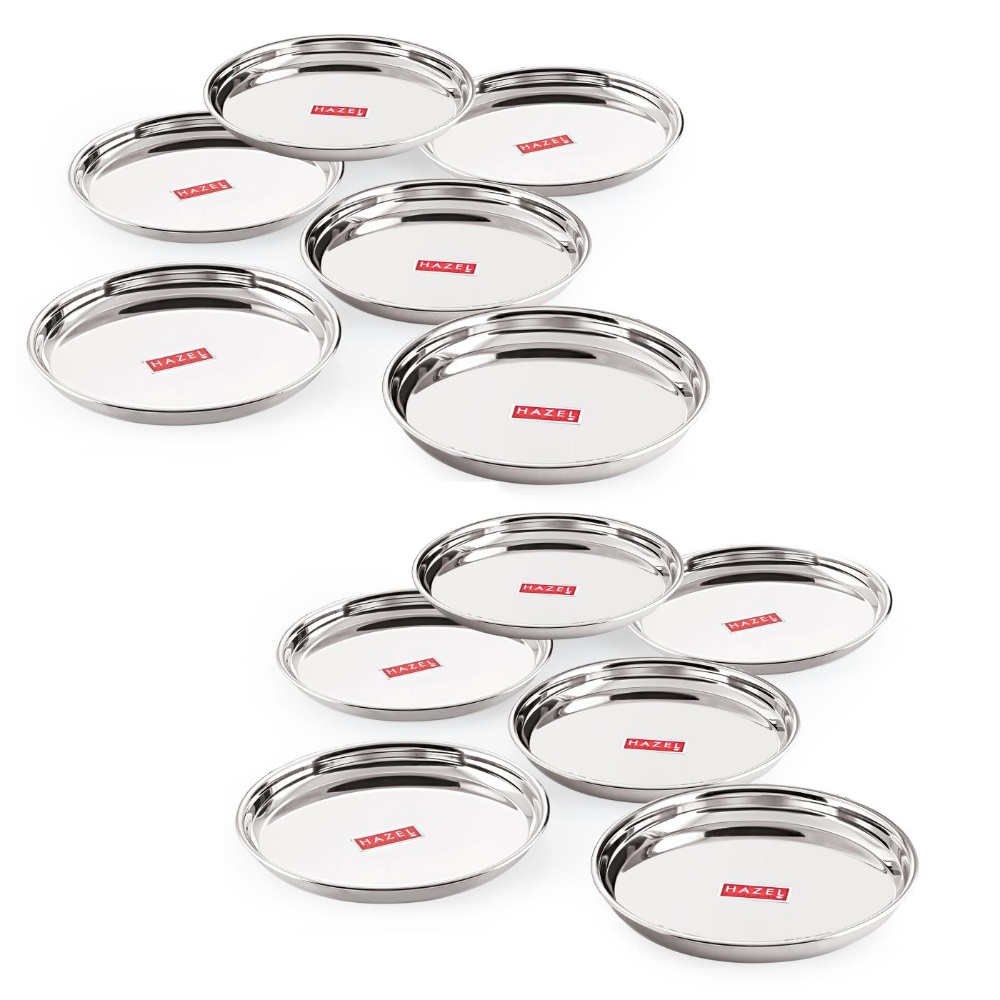 HAZEL Stainless Steel Dinner Lunch Plate Bhojan Thali, Dia 26.5 cm, Small, 12 pcs Set