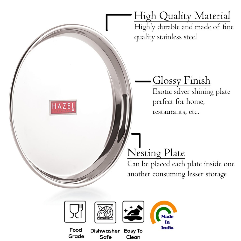 HAZEL Stainless Steel Dinner Lunch Plate Bhojan Thali, Dia 29 cm, Medium, 3 pcs Set