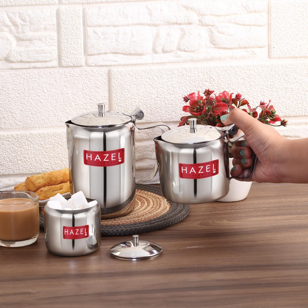 HAZEL Stainless Steel Tea Coffee Sugar Serving Pot with Handle & Lid | Strong and Sturdy, Spill Proof Pouring, Set of 3