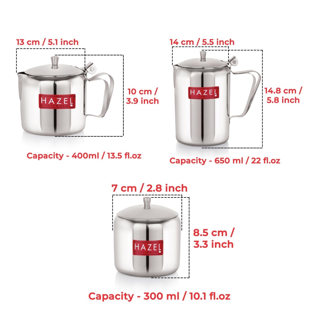HAZEL Stainless Steel Tea Coffee Sugar Serving Pot with Handle & Lid | Strong and Sturdy, Spill Proof Pouring, Set of 3