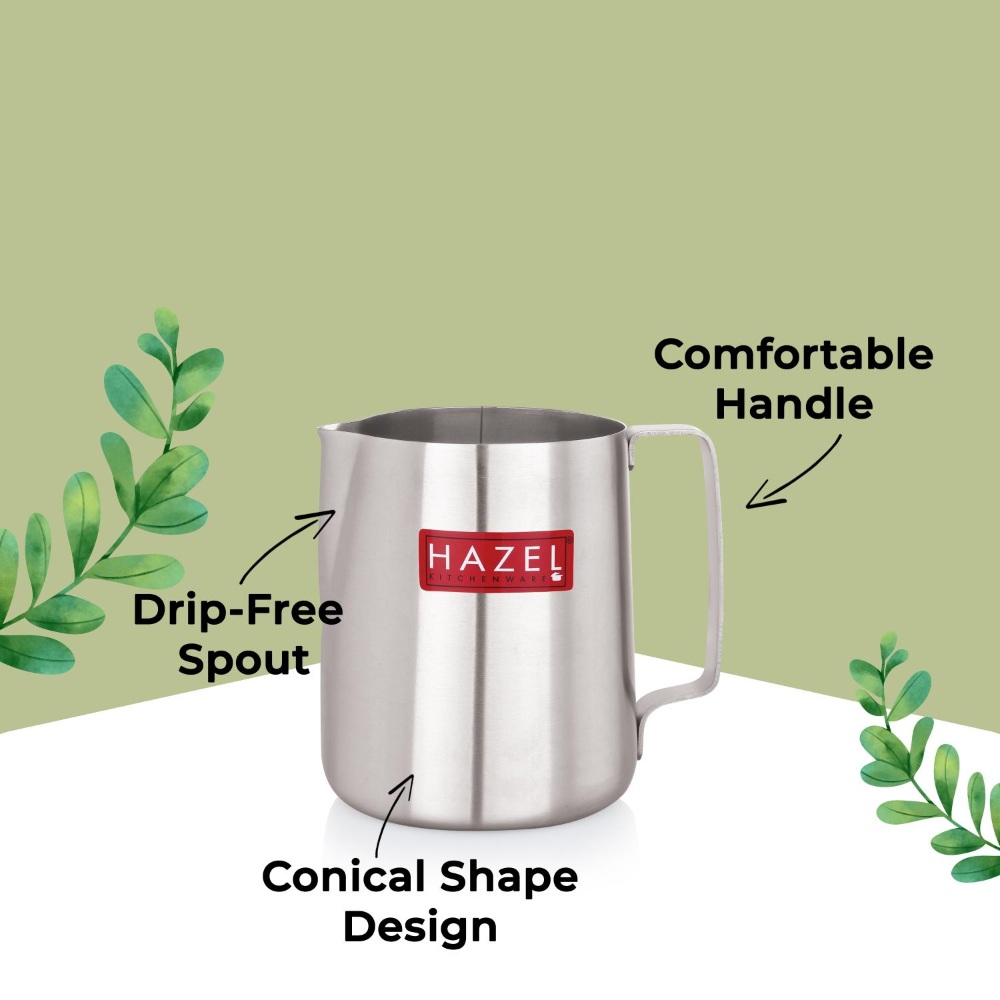 HAZEL Stainless Steel Tea Coffee Milk Frothing Pitcher Serving Pot with Handle Spill Proof Pouring, 800 ML
