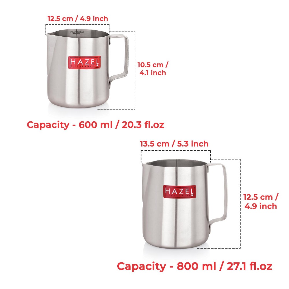 HAZEL Stainless Steel Tea Coffee Milk Frothing Pitcher Serving Pot with Handle Spill Proof Pouring, Set of 2, 600 ML & 800 ML