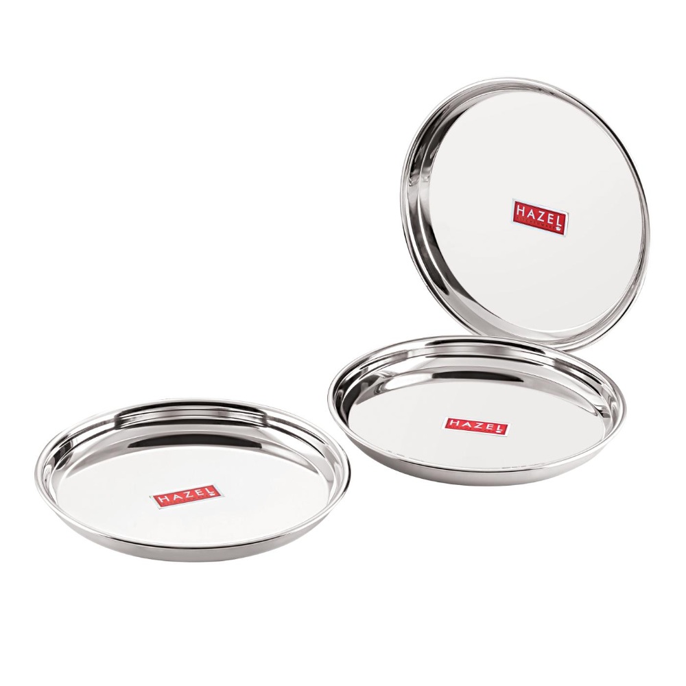 HAZEL Stainless Steel Dinner Lunch Plate Bhojan Thali, Dia 26.5 cm, Small, 3 pcs Set