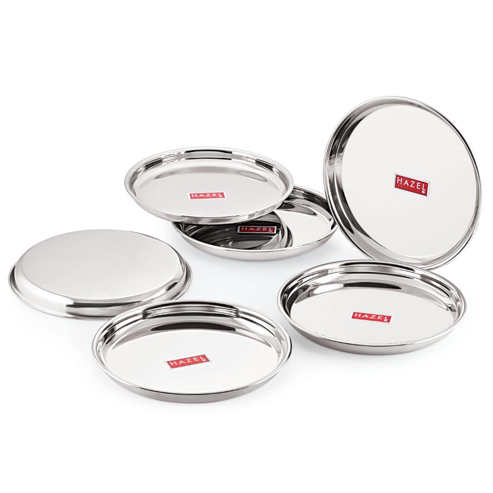 HAZEL Stainless Steel Dinner Lunch Plate Bhojan Thali, Dia 26.5 cm, Small, 6 pcs Set
