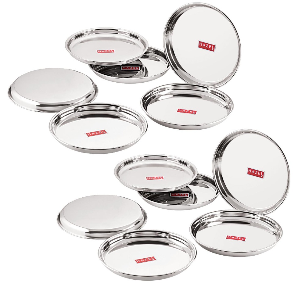 HAZEL Stainless Steel Dinner Lunch Plate Bhojan Thali, Dia 26.5 cm, Small, 12 pcs Set
