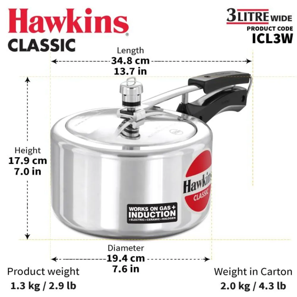 Hawkins Classic 3 Litre Inner Lid Aluminium Pressure Cooker, Induction Cooker, Wide Design Pan Cooker, Best Cooker, Silver (ICL3W)