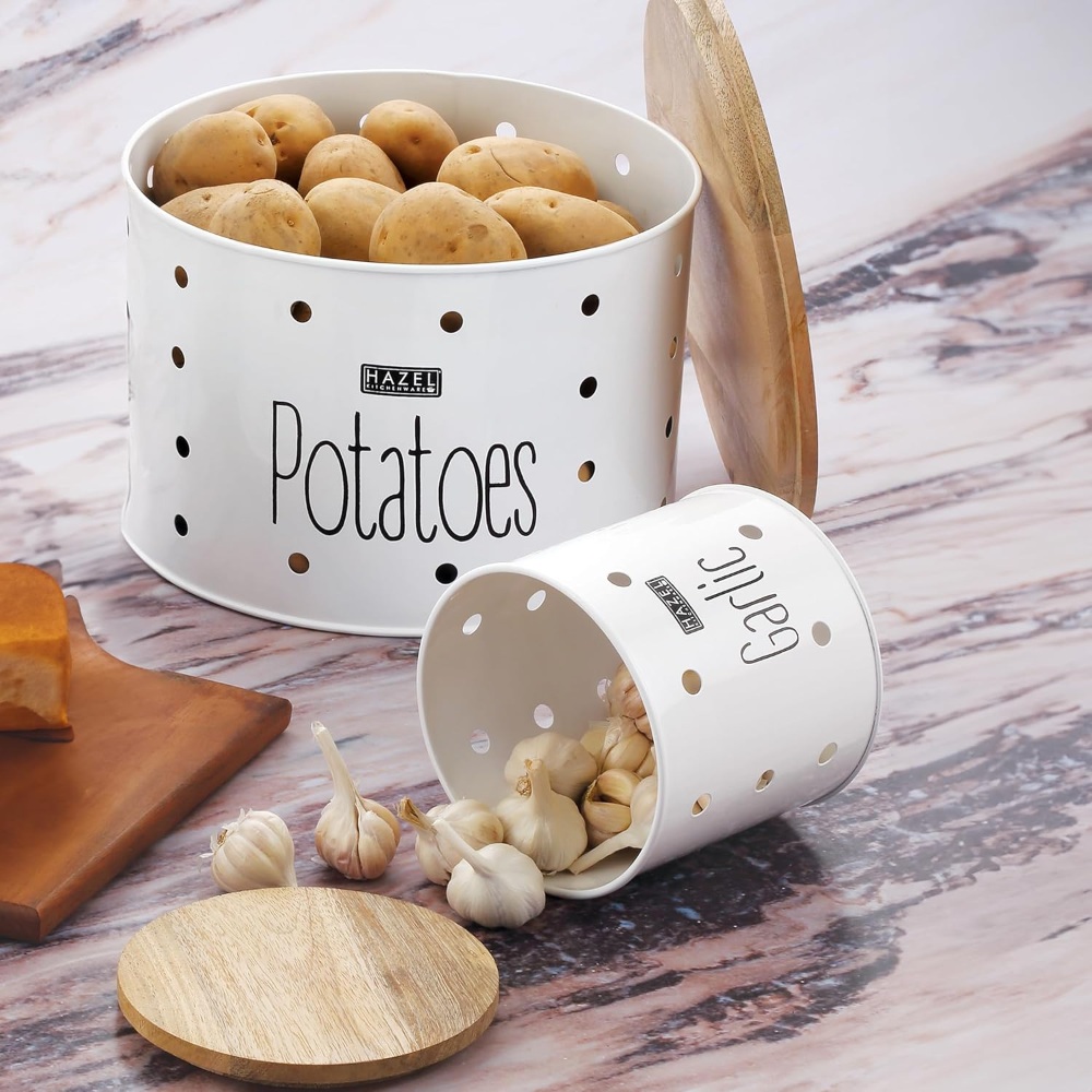 HAZEL Garlic & Potato Storage Containers | Potato Garlic Containers for Storage, Set of 2, White