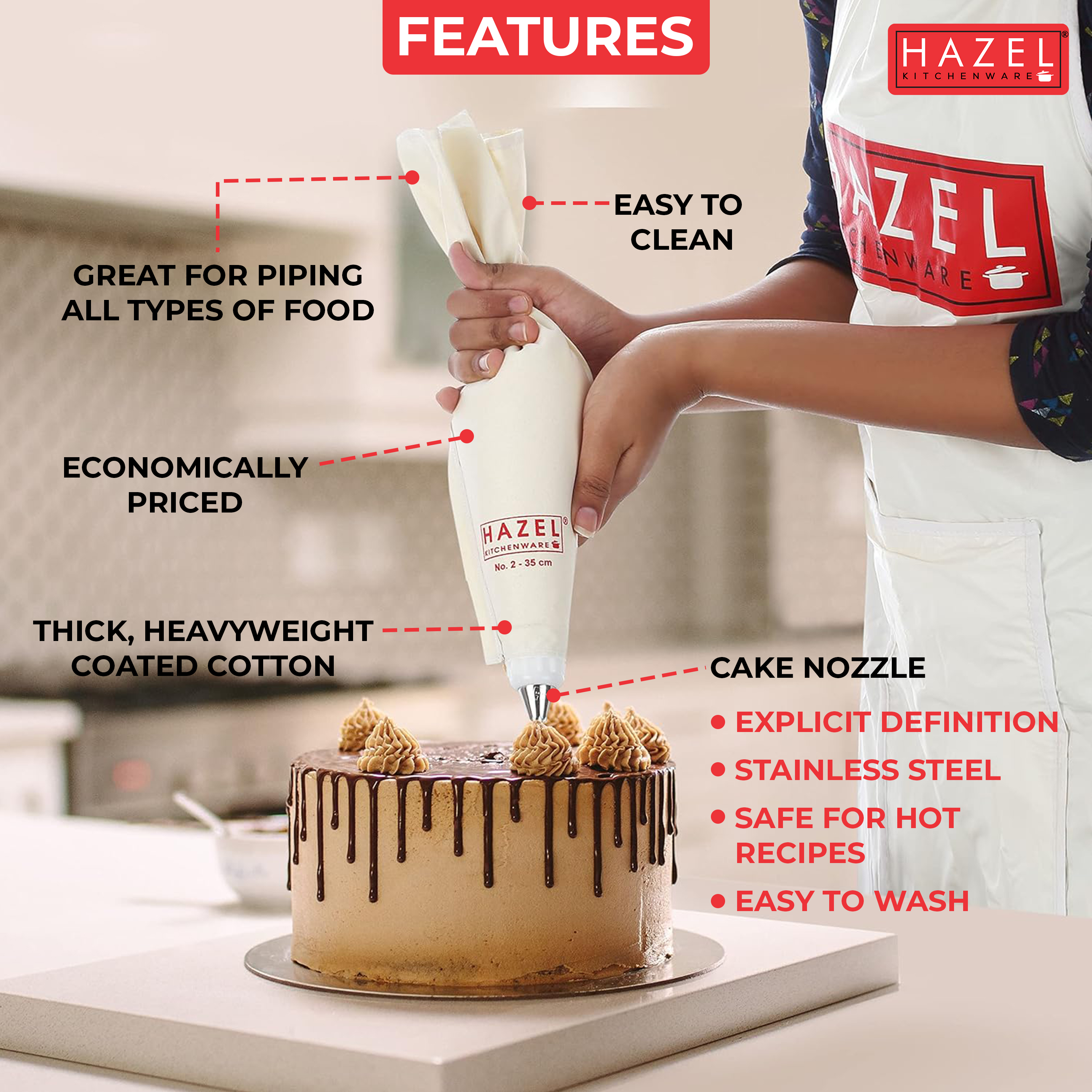 HAZEL Cake Decorating Nozzle & Reusable Piping Bag 35 Cm | Star Nozzle for Icing, Pastry, Cupcakes, Cakes