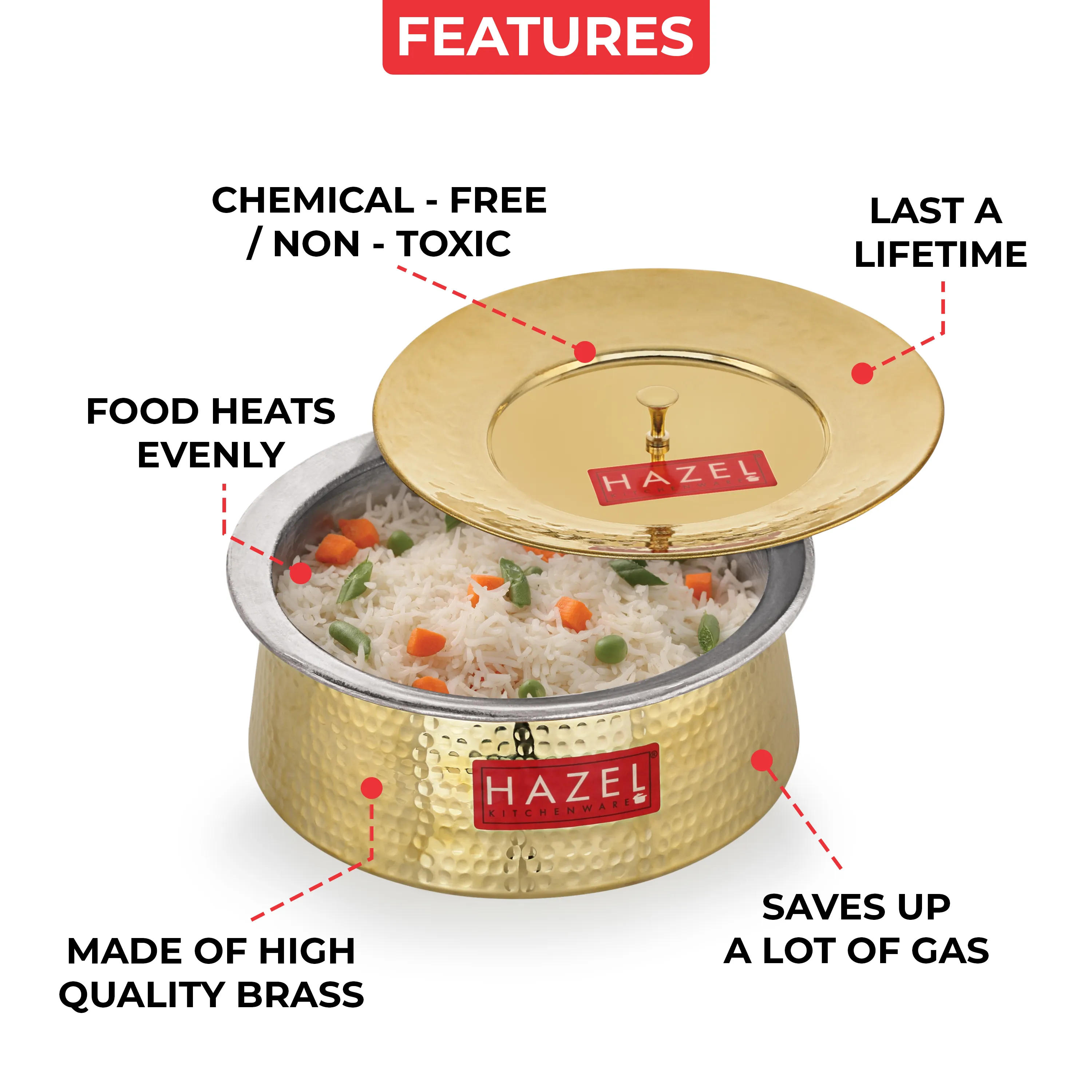 HAZEL Brass Hammered Urli with Lid, 2000 ml | Brass Handi for Cooking | Uruli | Pital ka Bartan