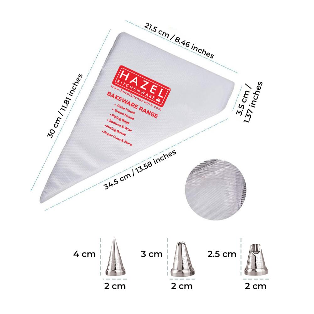 HAZEL Disposable Piping Bags 100 Pcs with 3 Nozzles – Round, Star & Ruffles Nozzle Set, Reusable Piping Bags