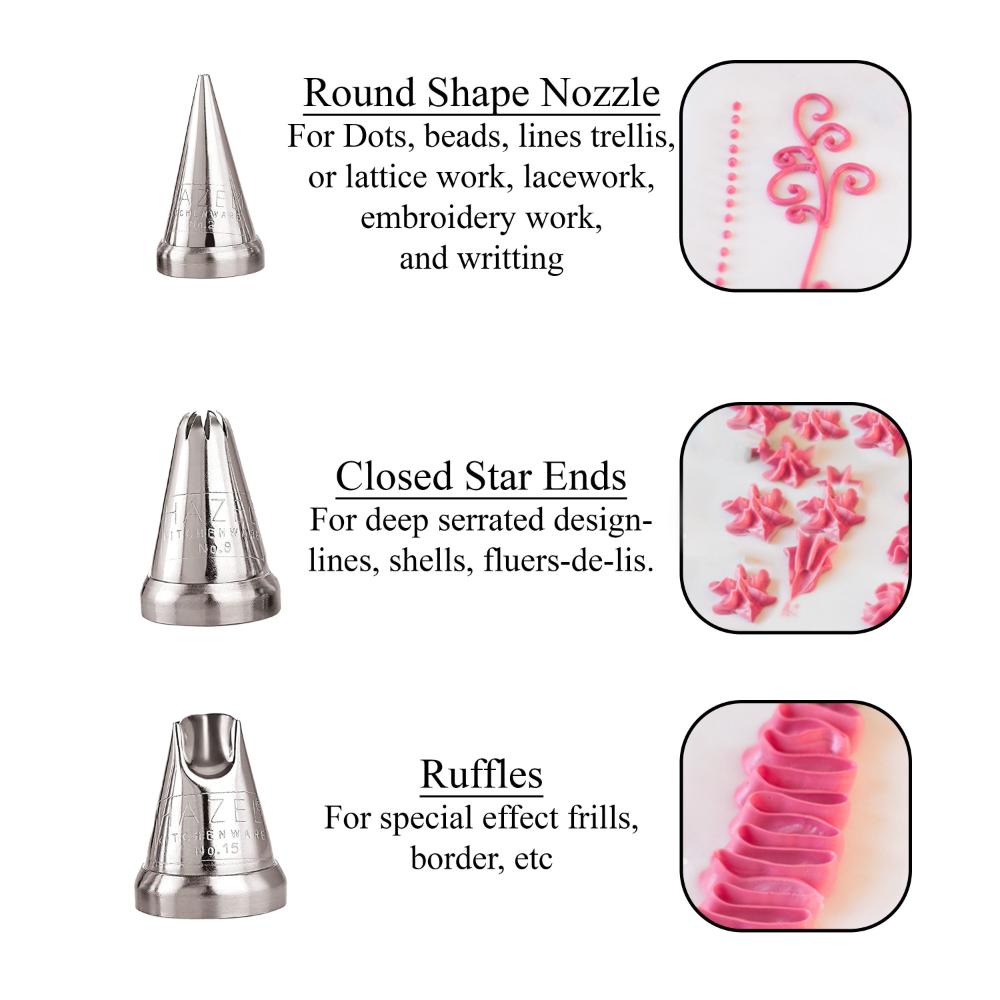 HAZEL Disposable Piping Bags 100 Pcs with 3 Nozzles – Round, Star & Ruffles Nozzle Set, Reusable Piping Bags