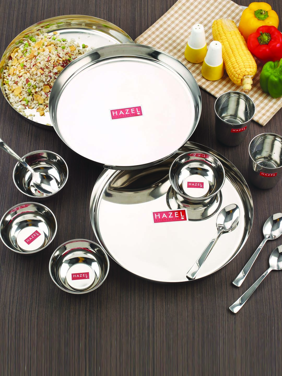 HAZEL Stainless Steel Dinner Set Of 24 | Dinner Set Steel (4 Steel Plate, 4 Steel Glass, 8 Bowl, 4 Spoon Set, 4 Dessert Plate) 24 Pieces, Silver