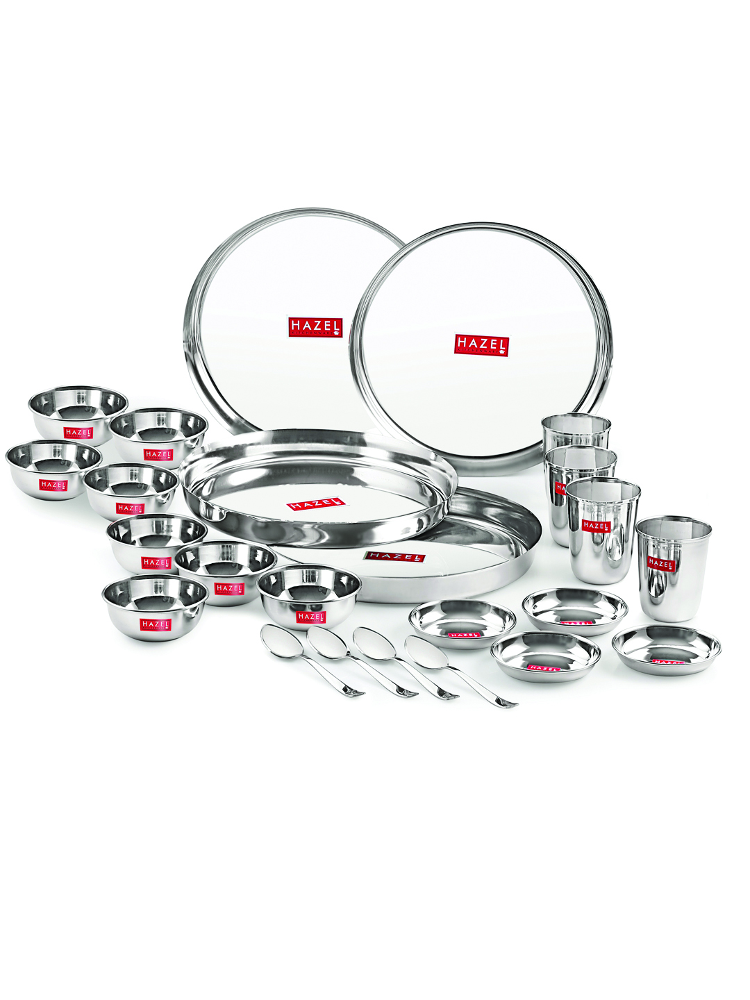 HAZEL Stainless Steel Dinner Set Of 24 | Dinner Set Steel (4 Steel Plate, 4 Steel Glass, 8 Bowl, 4 Spoon Set, 4 Dessert Plate) 24 Pieces, Silver