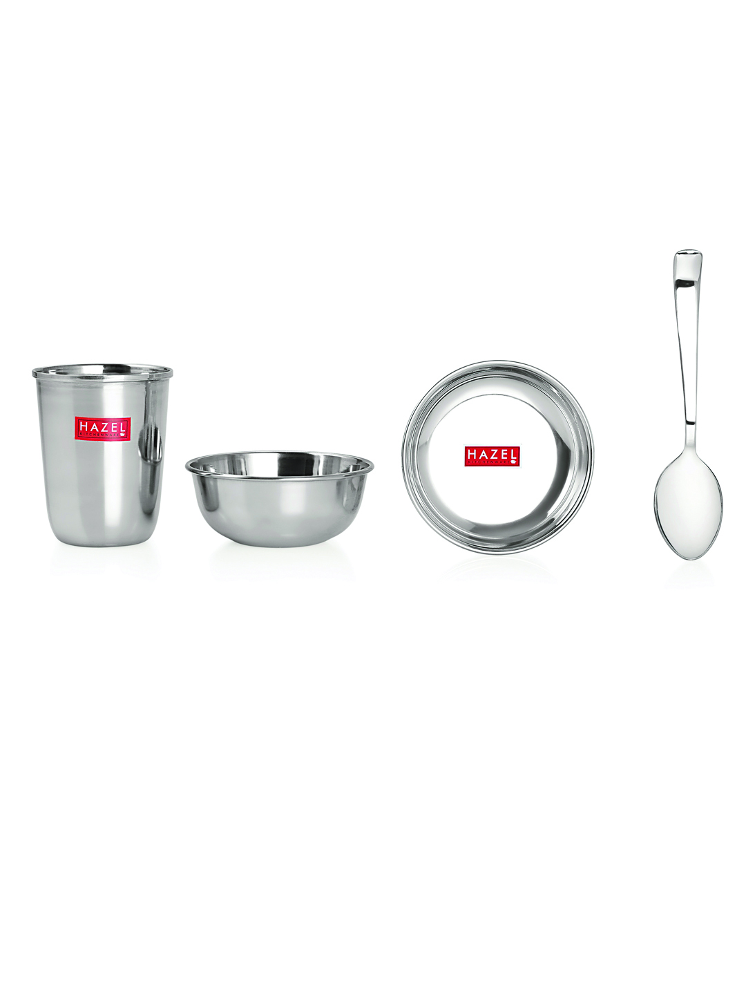 HAZEL Stainless Steel Dinner Set Of 24 | Dinner Set Steel (4 Steel Plate, 4 Steel Glass, 8 Bowl, 4 Spoon Set, 4 Dessert Plate) 24 Pieces, Silver