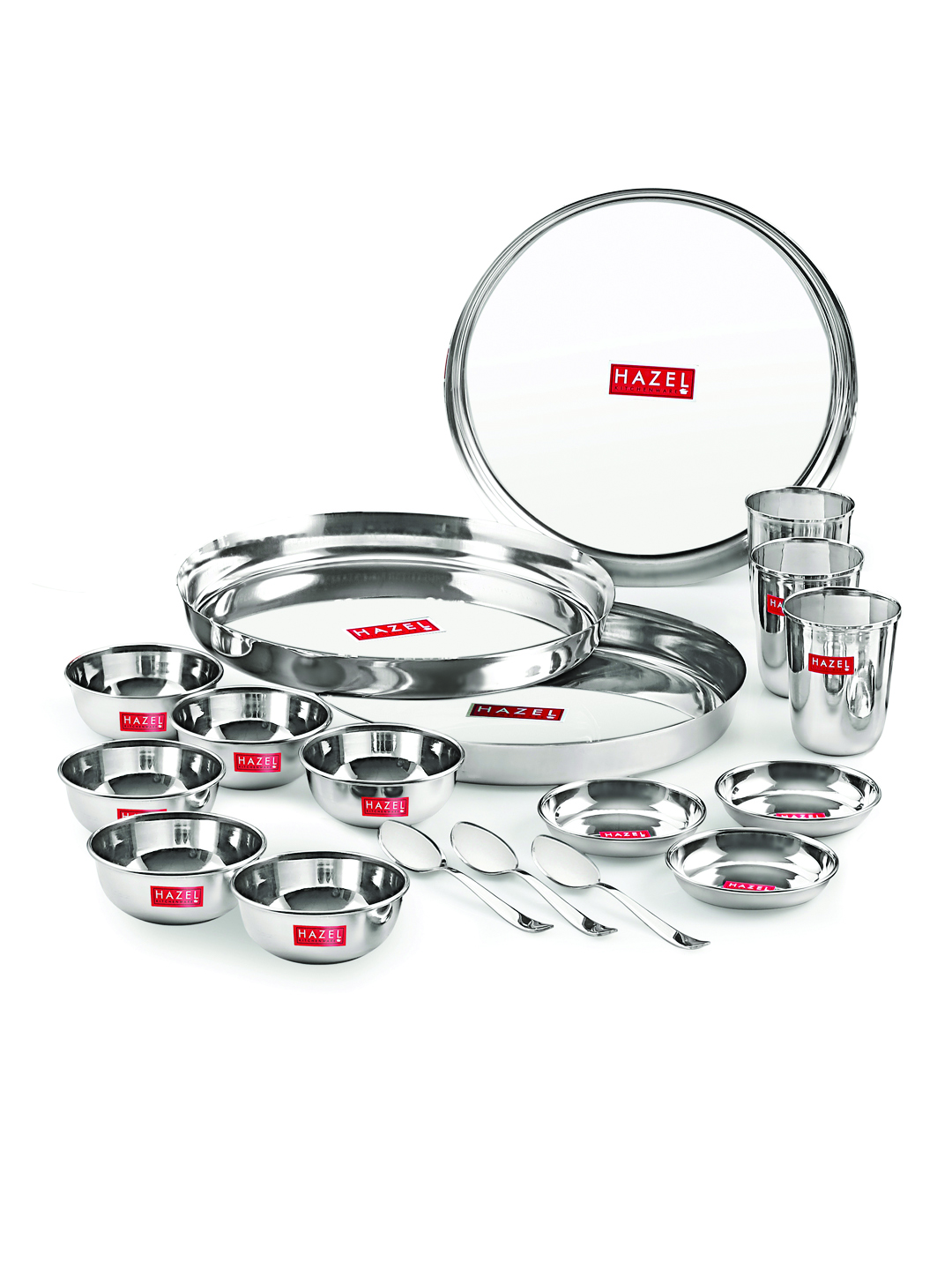 HAZEL Stainless Steel Dinner Set Of 18 | Dinner Set Steel (3 Steel Plate, 3 Steel Glass, 6 Bowl, 3 Spoon Set, 3 Dessert Plate) 18 Pieces, Silver