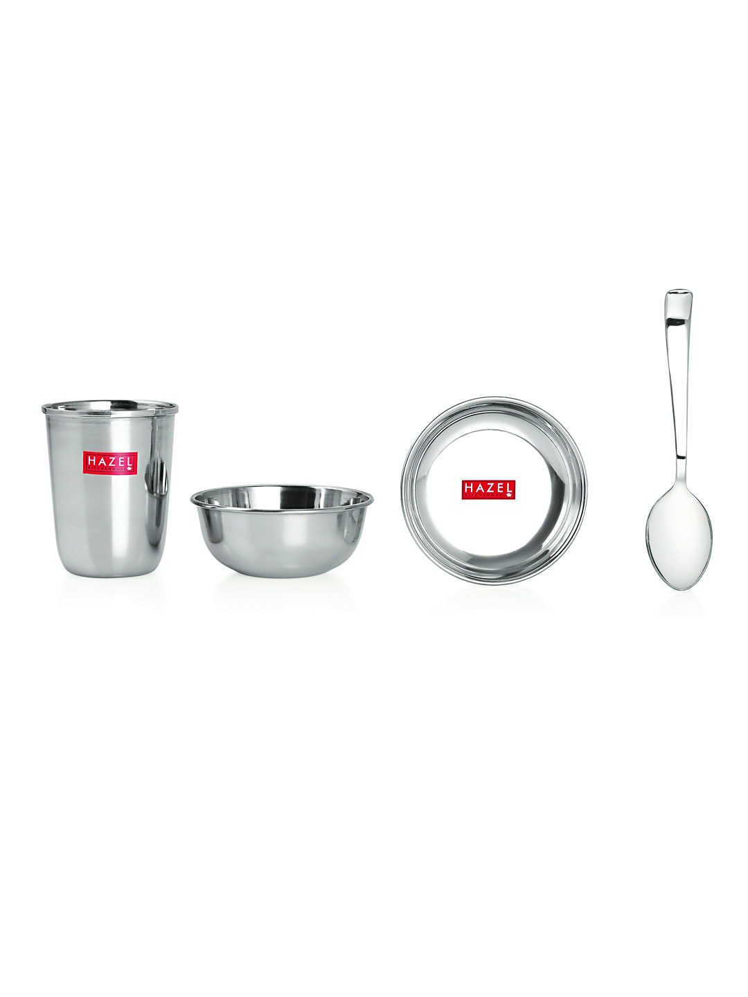 HAZEL Stainless Steel Dinner Set Of 12 | Dinner Set Steel (2 Steel Plate, 2 Steel Glass, 4 Bowl, 2 Spoon, 2 Dessert Plate) 12 Pieces, Silver
