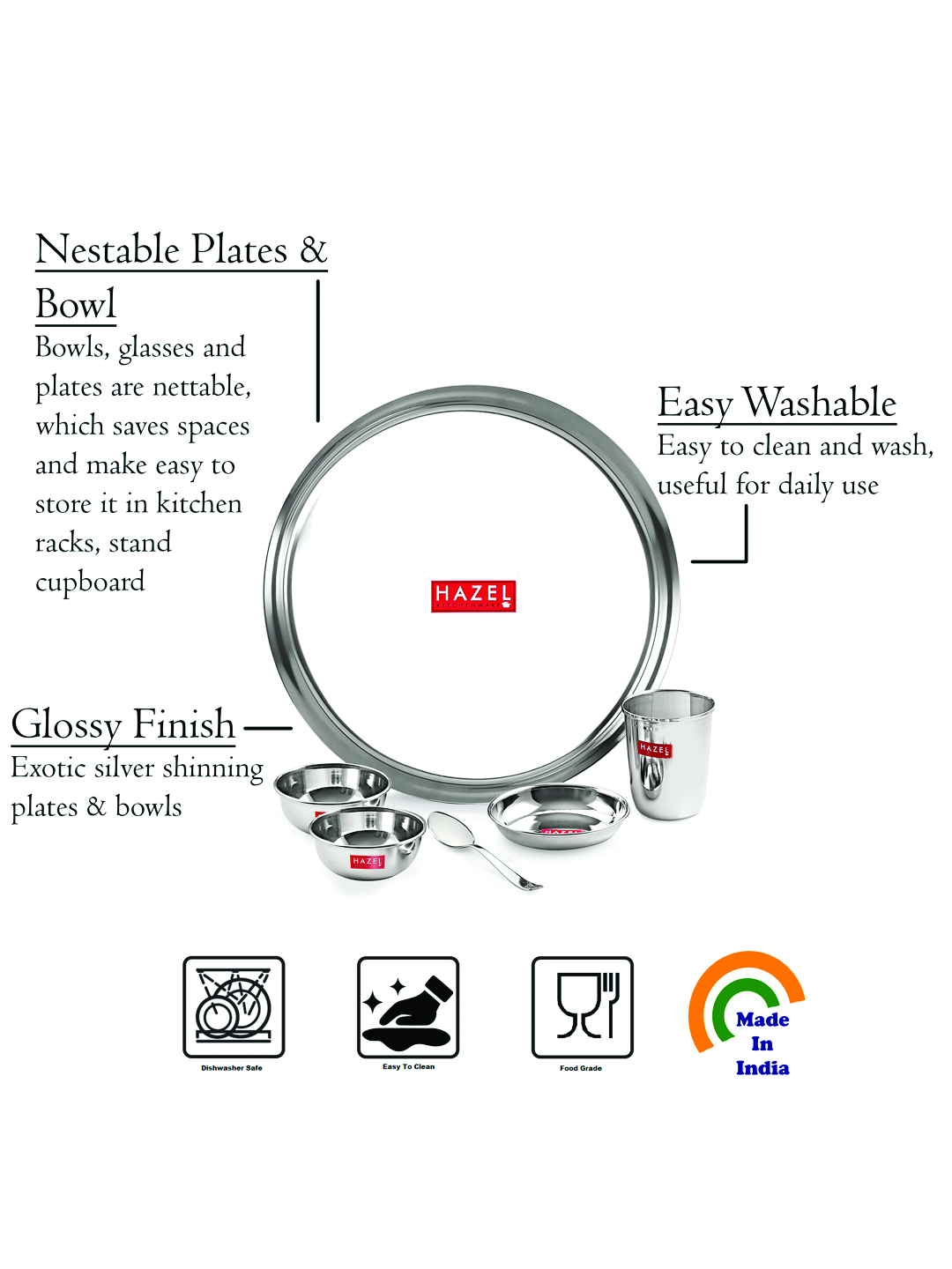 HAZEL Stainless Steel Dinner Set Of 12 | Dinner Set Steel (2 Steel Plate, 2 Steel Glass, 4 Bowl, 2 Spoon, 2 Dessert Plate) 12 Pieces, Silver