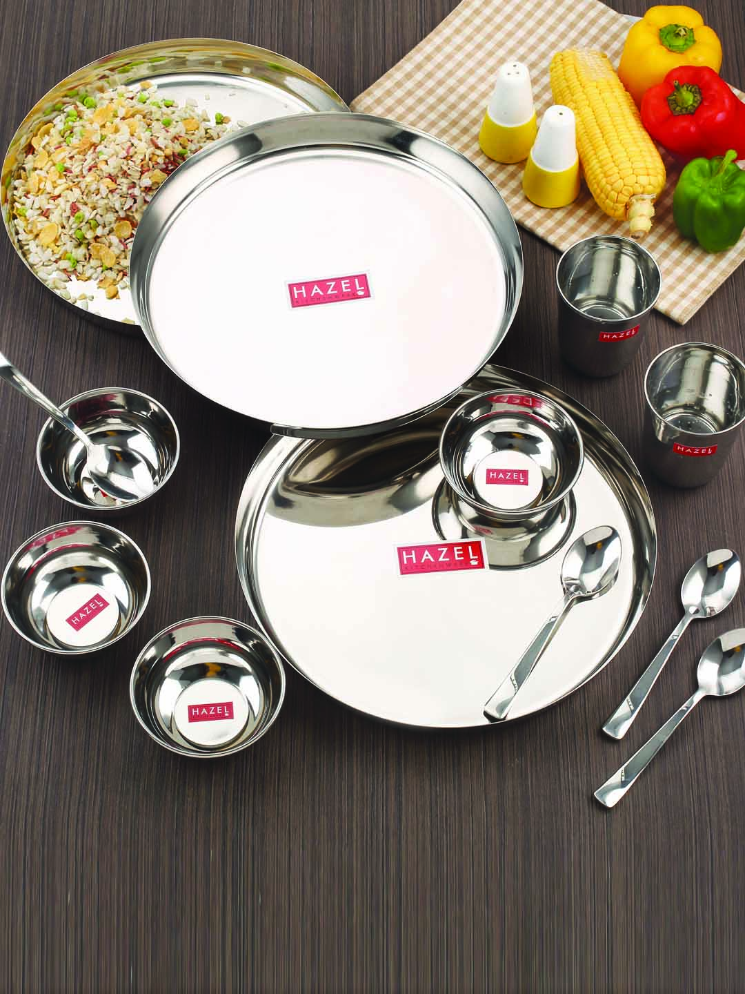 HAZEL Stainless Steel Dinner Set Of 18 | Dinner Set Steel (3 Steel Plate, 3 Steel Glass, 6 Bowl, 3 Spoon Set, 3 Dessert Plate) 18 Pieces, Silver