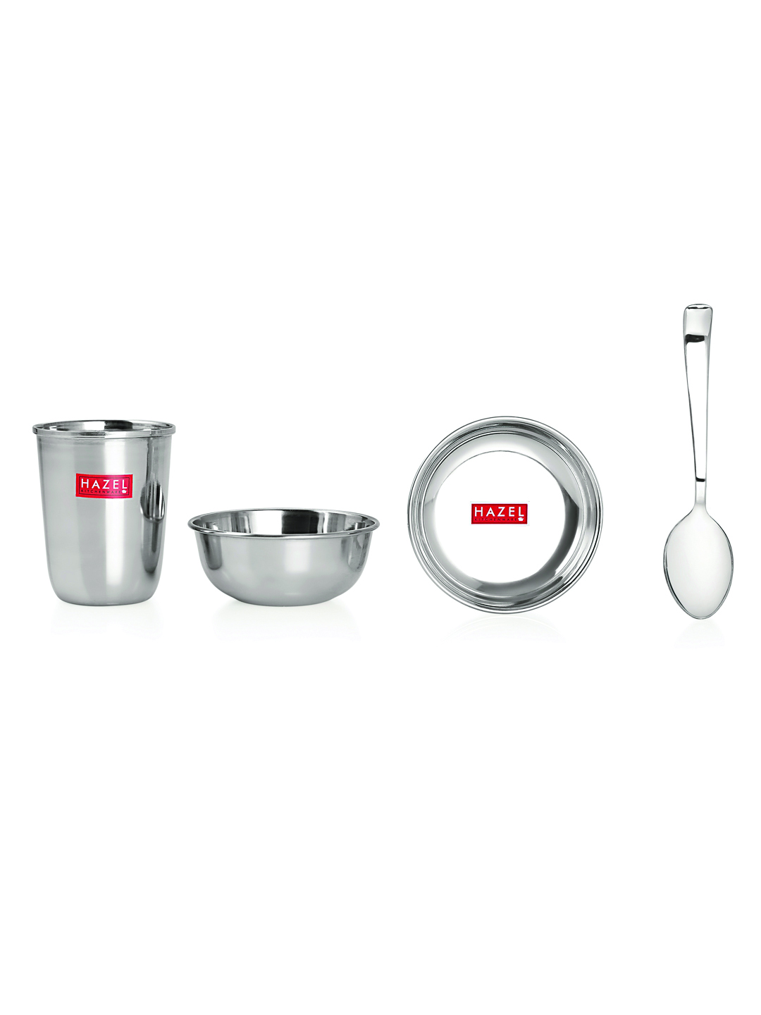 HAZEL Stainless Steel Dinner Set Of 30 | Dinner Set Steel (5 Steel Plate, 5 Steel Glass, 10 Serving Bowl, 5 Spoon Set, 5 Dessert Plate) 30 Pieces, Silver