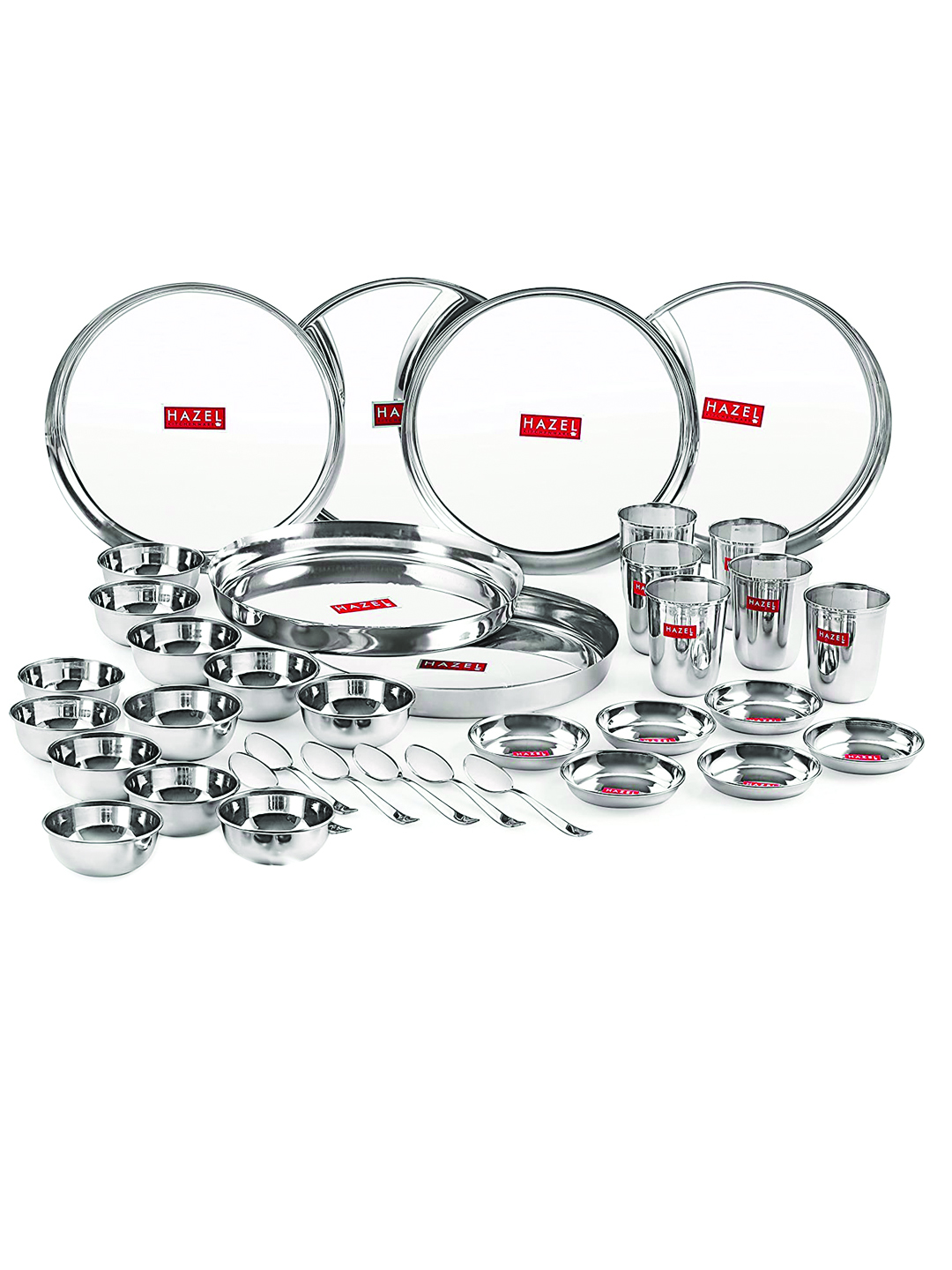 HAZEL Stainless Steel Dinner Set Of 36 | Dinner Set Steel (6 Steel Plate, 6 Steel Glass, 12 Serving Bowl, 6 Spoon Set, 6 Dessert Plate) 36 Pieces, Silver
