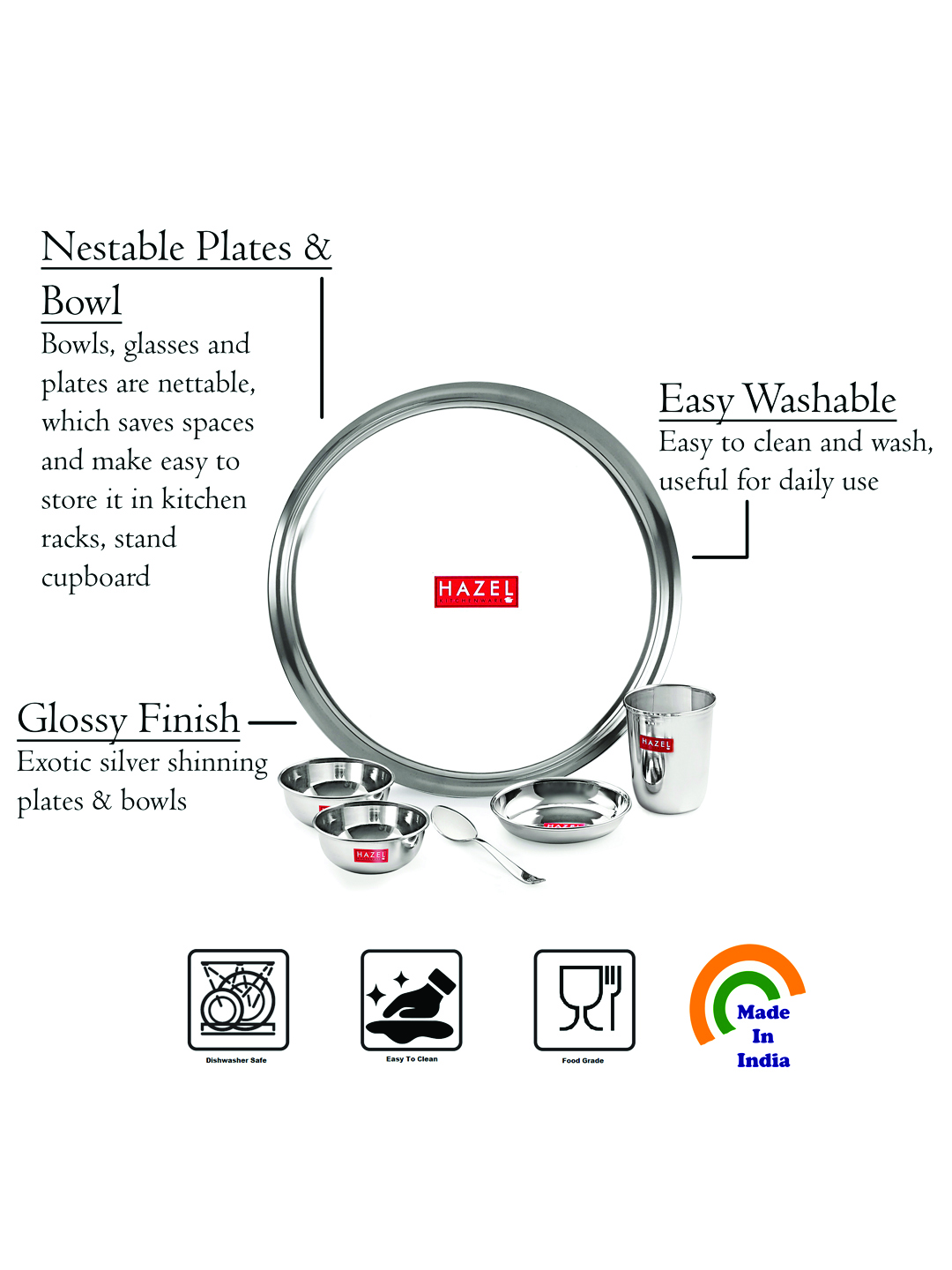 HAZEL Stainless Steel Dinner Set Of 30 | Dinner Set Steel (5 Steel Plate, 5 Steel Glass, 10 Serving Bowl, 5 Spoon Set, 5 Dessert Plate) 30 Pieces, Silver