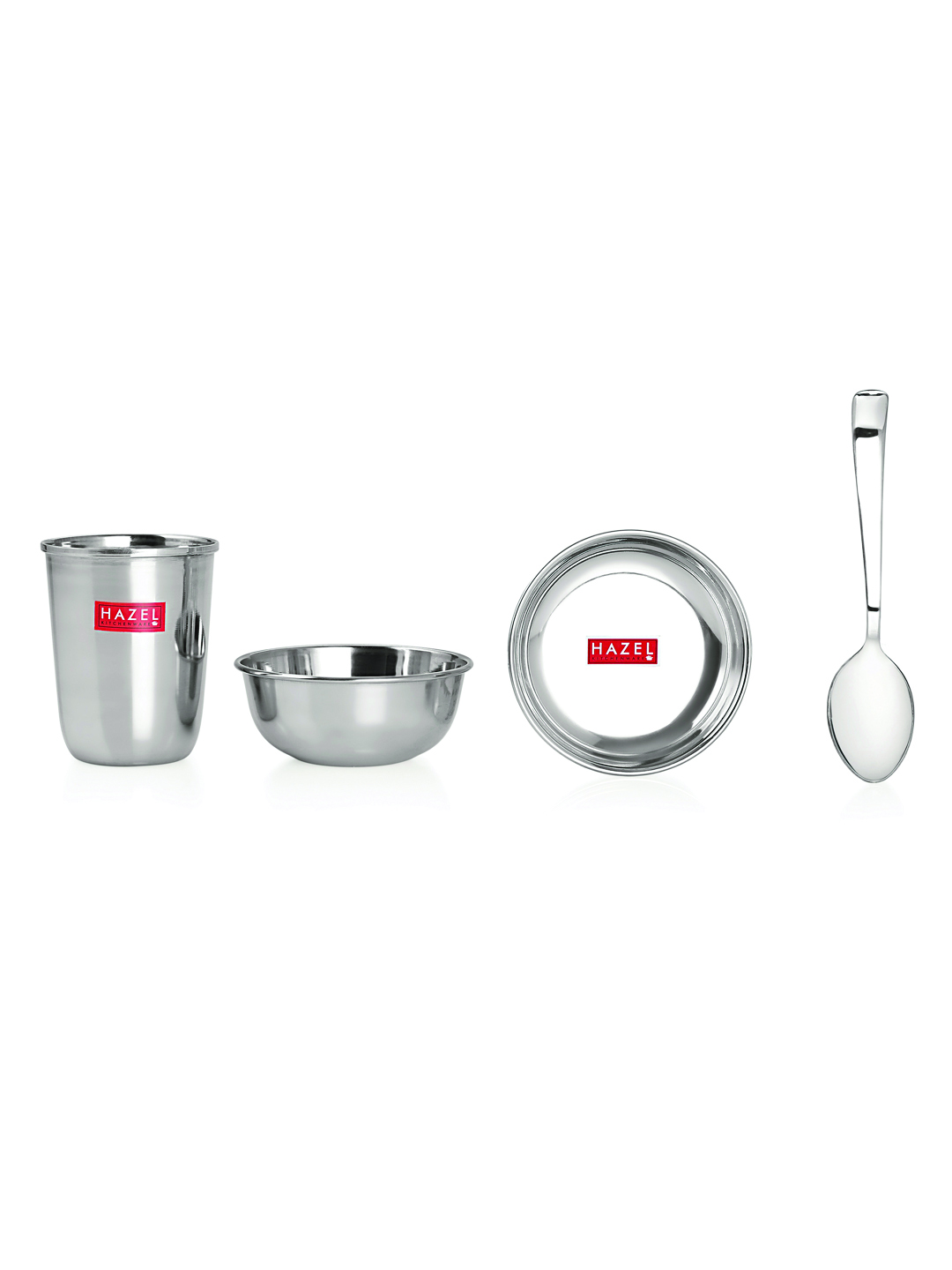 HAZEL Stainless Steel Dinner Set Of 36 | Dinner Set Steel (6 Steel Plate, 6 Steel Glass, 12 Serving Bowl, 6 Spoon Set, 6 Dessert Plate) 36 Pieces, Silver