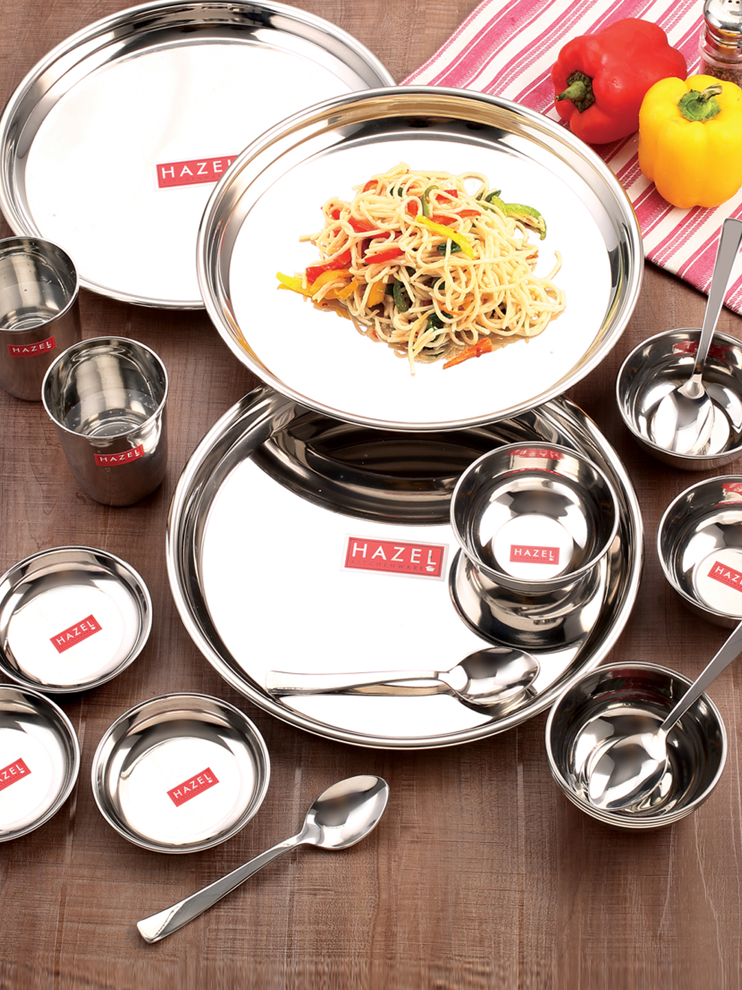 HAZEL Stainless Steel Dinner Set Of 18 | Dinner Set Steel (3 Steel Plate, 3 Steel Glass, 6 Bowl, 3 Dessert Plate, 3 Spoon) 18 Pieces, Silver