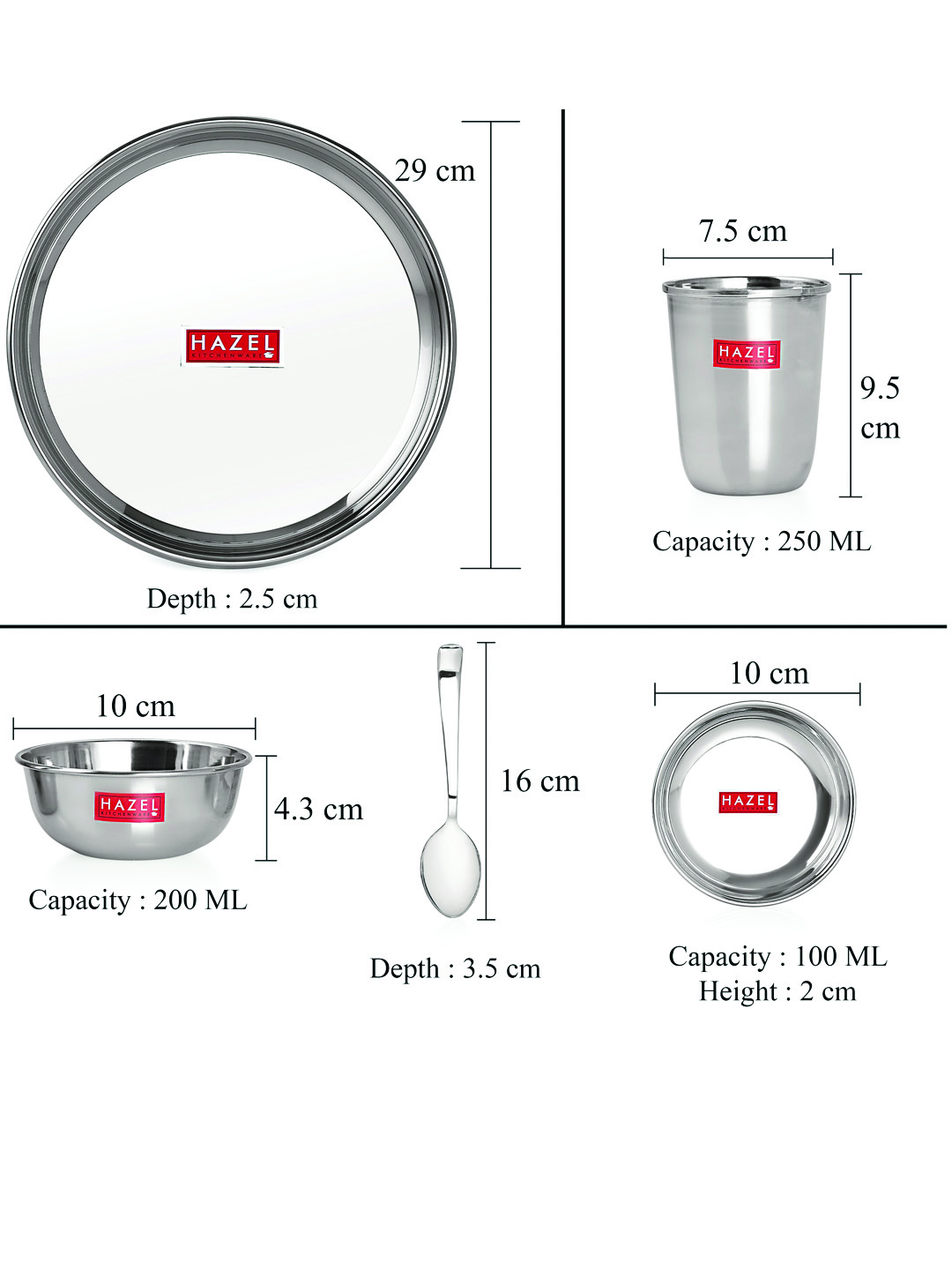HAZEL Stainless Steel Dinner Set Of 18 | Dinner Set Steel (3 Steel Plate, 3 Steel Glass, 6 Bowl, 3 Dessert Plate, 3 Spoon) 18 Pieces, Silver