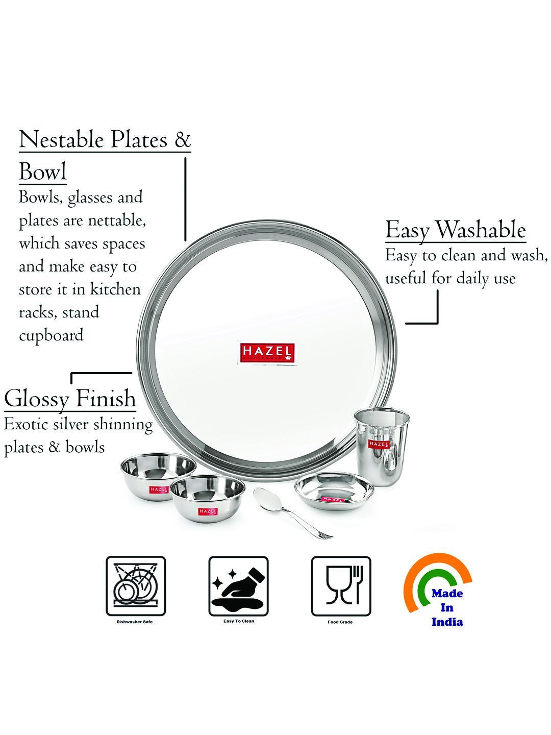HAZEL Stainless Steel Dinner Set Of 24 | Dinner Set Steel (4 Steel Plate, 4 Steel Glass, 8 Bowl, 4 Dessert Plate, 4 Spoon Set) 24 Pieces, Silver