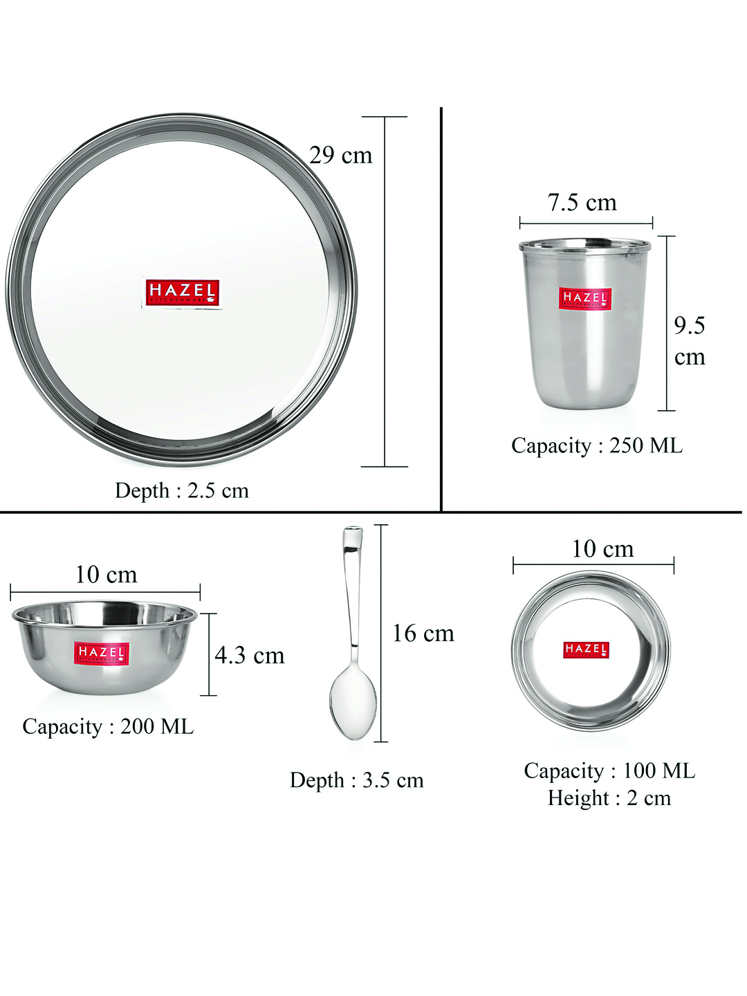 HAZEL Stainless Steel Dinner Set Of 30 | Dinner Set Steel (5 Steel Plate, 5 Steel Glass, 10 Serving Bowl, 5 Dessert Plate, 5 Spoon Set) 30 Pieces, Silver